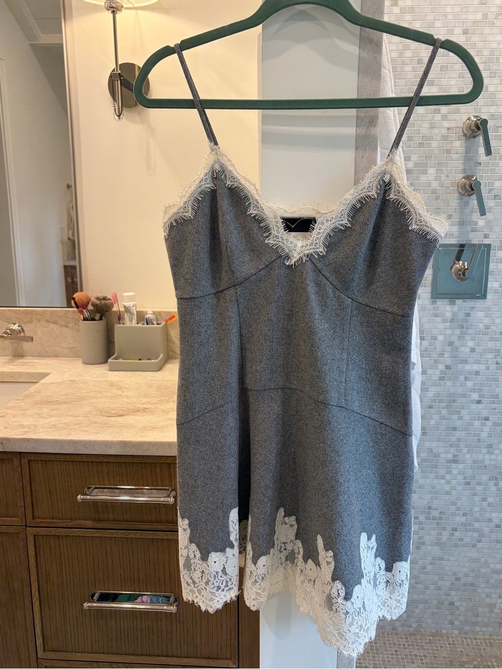 Love Shack Fancy Gray Wool and Lace Trim Slip Dress 4 NWOT